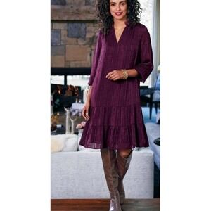 Soft Surroundings NWT Jocelyn Dress Sz LG Wine Smocked Tiered Crinkle Pockets